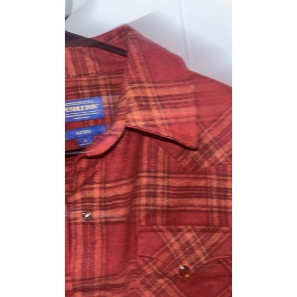 Pendleton Epic 100% Wool Long Sleeve Pearl Snap Plaid Shirt S Tan /Red Wms - Picture 3 of 5